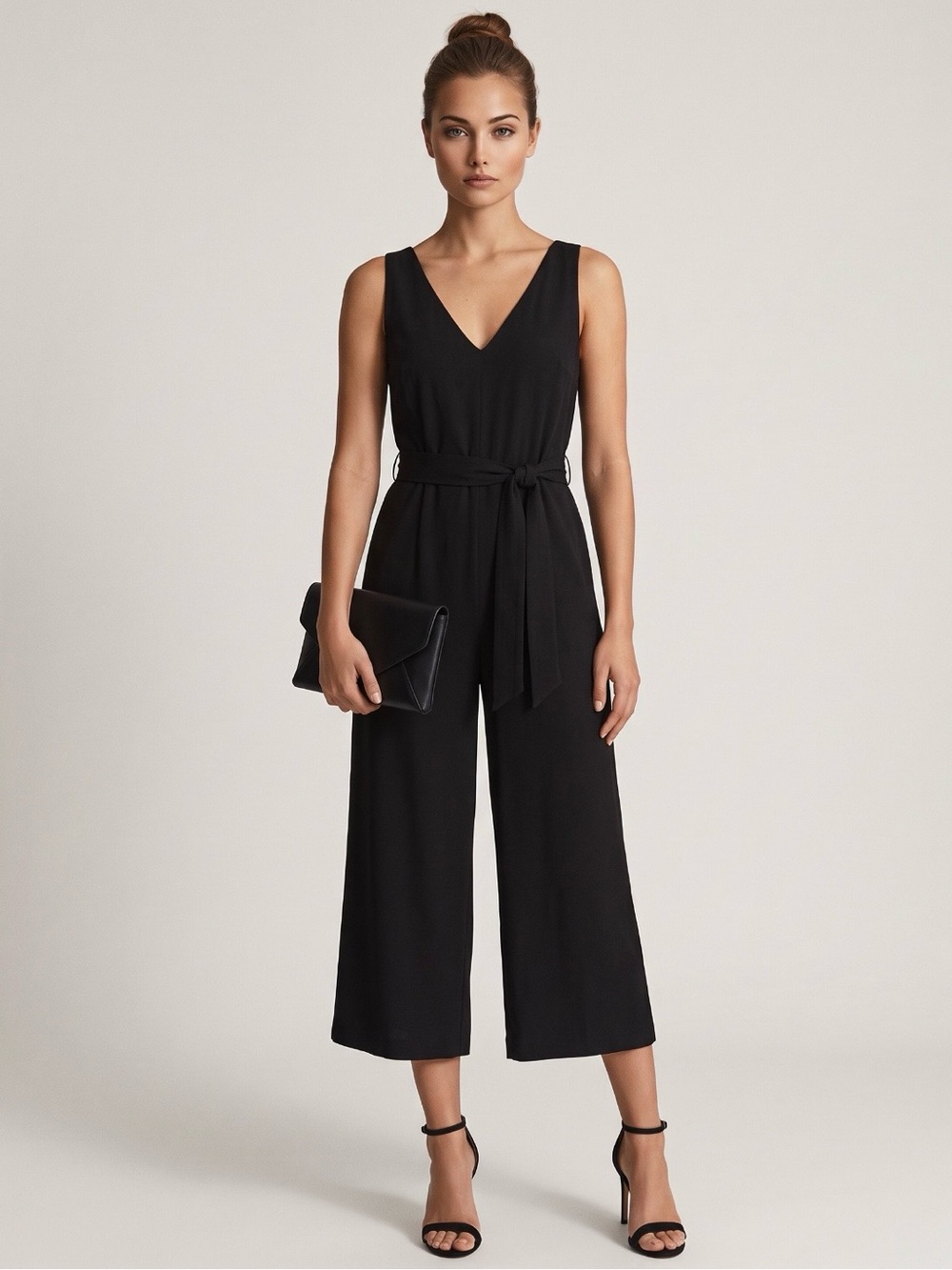 🌻NEW Sam Edelman Black Tie Waist Crop Wide Leg Jumpsuit Black Sleeveless Size 8